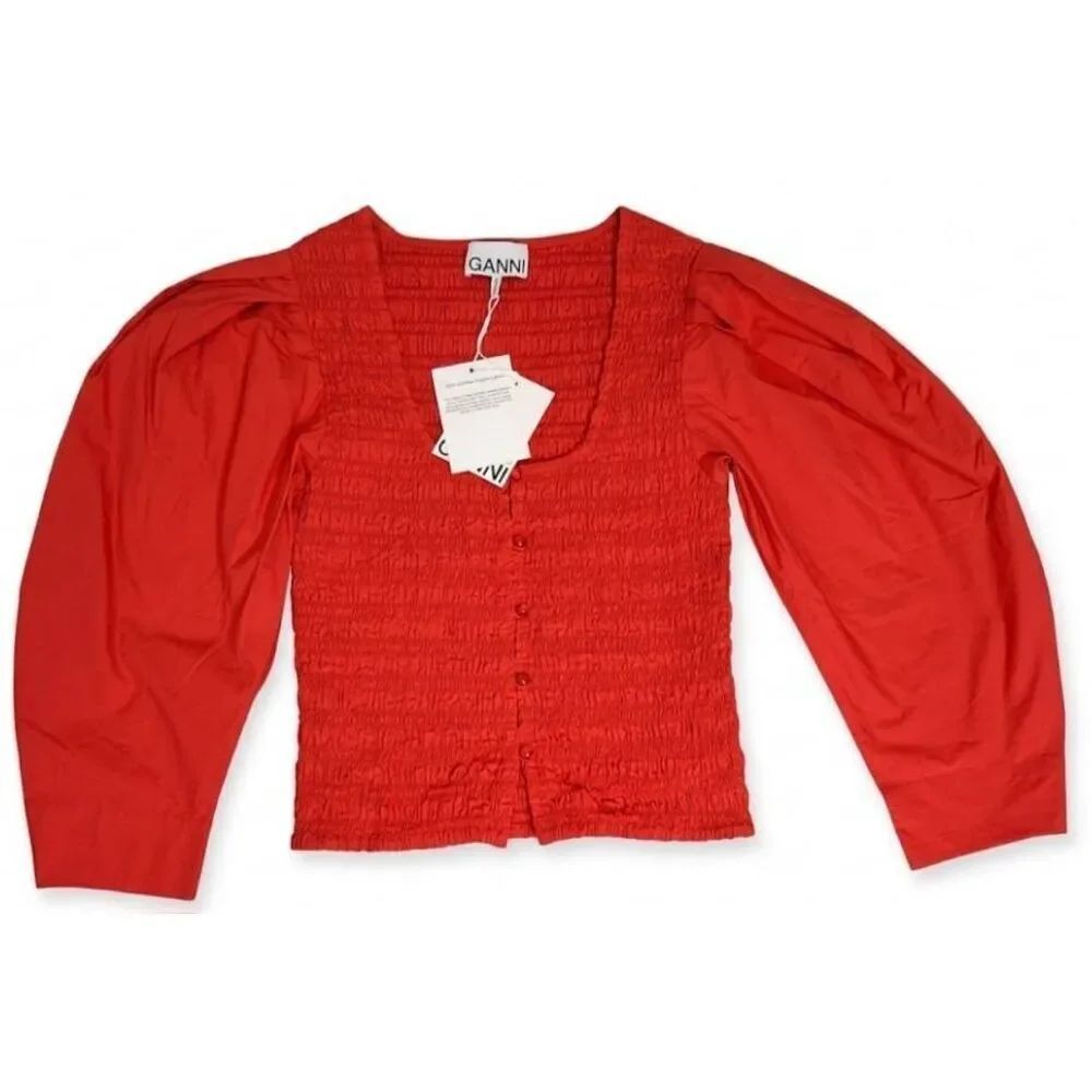 Ganni womens small puffer sleeve red shirt smocked blouse